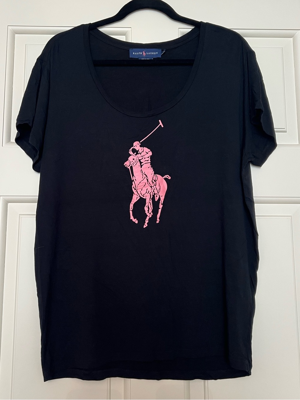 Ralph Lauren Black Short Sleeve Tee with Pink Polo Player Logo